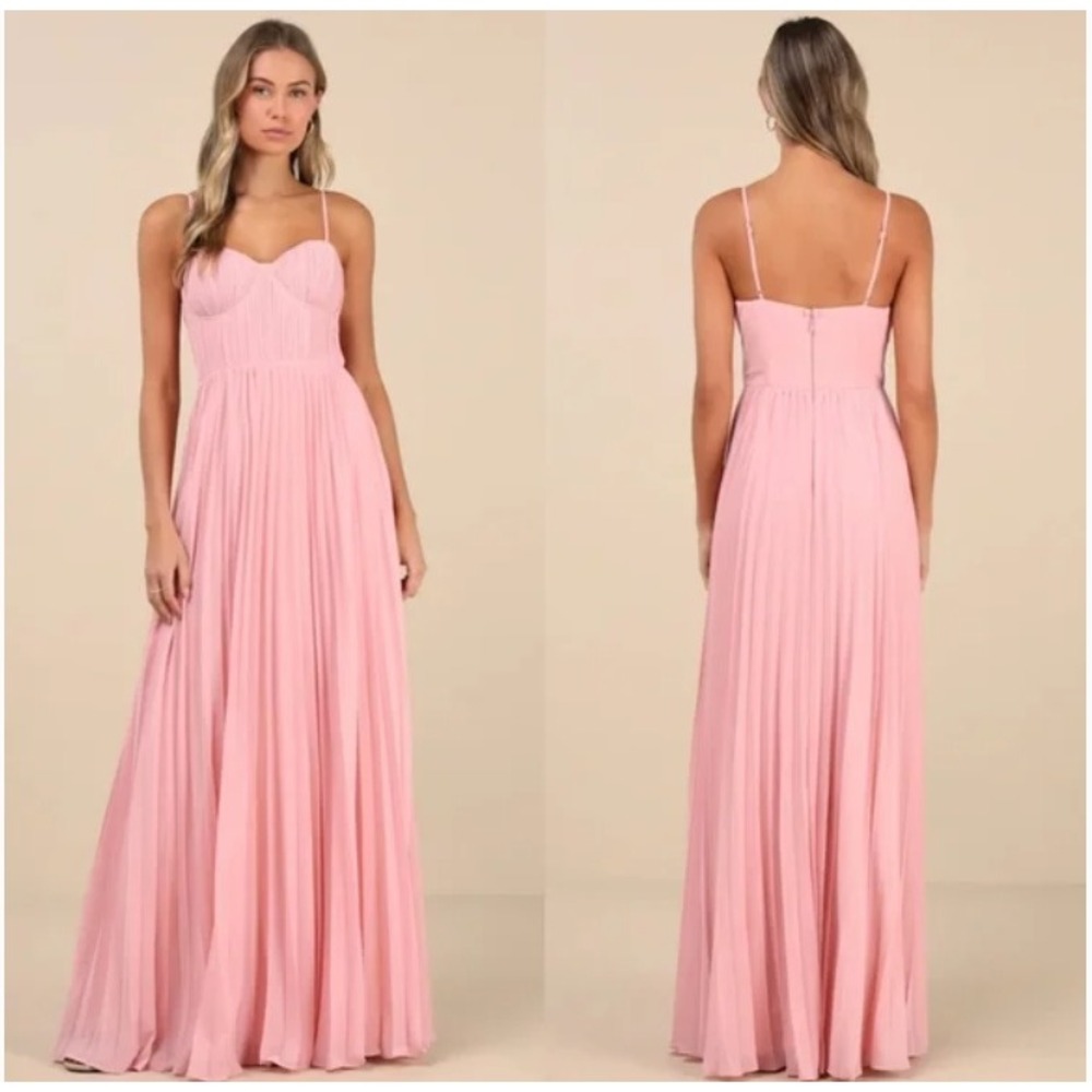 Lulus Admirable Elegance Pleated Bustier Maxi Dress Pink‎ Size M Bridesmaid NEW